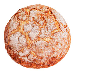 Appetizing fresh round bread with crisp. Healthy lifestyle. Isolated on a white background. Top view. Space for text.
