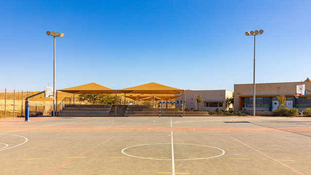 Panoramic view on the school playground at sunlight