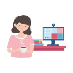 stay at home, girl with coffee cup computer education online learning