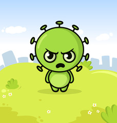 Funny green virus cartoon monster character on summer city background. Colorful flat vector illustration.