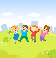Obraz na płótnie Canvas Four cute kids jumping for joy together on the grass on city background. Childhood, playground, fun, friendship. Cartoon vector illustration.