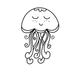 vector element, black and white drawing of a marine inhabitant, cute sea jellyfish