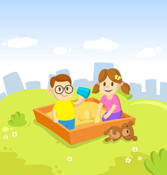 Children playing in the sandbox, boy and girl in city park. Cityscape with skyscrapers and blue sky, friends spending time outdoors, active leisure. Colorful cartoon flat vector illustration.