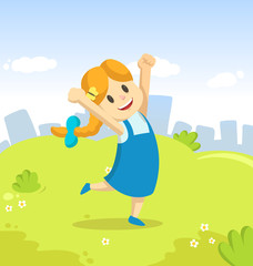 Obraz na płótnie Canvas Happy girl jumping for joy in the park on city and blue sky background. Funny cartoon character. Colorful cartoon flat vector illustration.