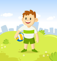 Happy smiling boy holding a volleyball. Cartoon character standing in the city park. Sport and fitness. Colorful cartoon flat vector illustration.