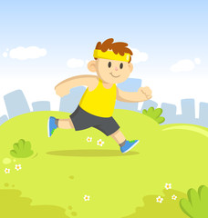 Smiling boy running in the city park. Sport and fitness. Colorful cartoon flat vector illustration.