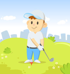 Young golf player with a club character standing in the city park. Sport and fitness. Colorful cartoon flat vector illustration.