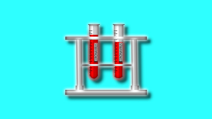 Illustration graphic of set of glass tube test with blood isolated on blue background. Covid-19 test tube. Blood samples. Icons. Coronavirus test. Flu analysis for laboratory.  