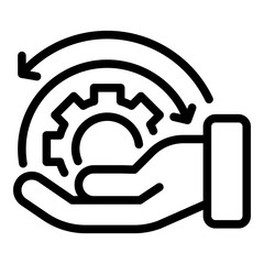 Gear on the palm icon. Outline gear on the palm vector icon for web design isolated on white background