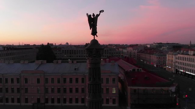 Aerial ascending on the Column of Glory during sunrise in Saint Petersburg, Russia