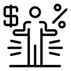 A man with dollar and percent icon. Outline a man with dollar and percent vector icon for web design isolated on white background