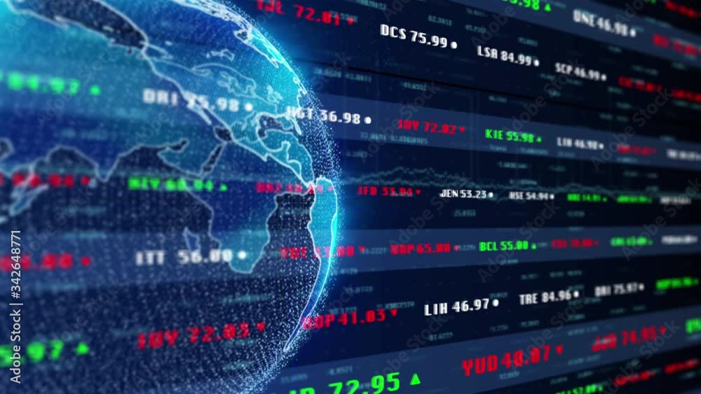 Poster Global Stock Market Animation Number Financial Report Dashboard. World Map Spin Behind Growing Chart Perspective Depth Of Field Dynamic View Motion.