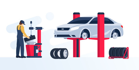 Tire service concept. Сar mechanic doing their work. Garage with the car on the lift. Vector illustration in flat / cartoon style.