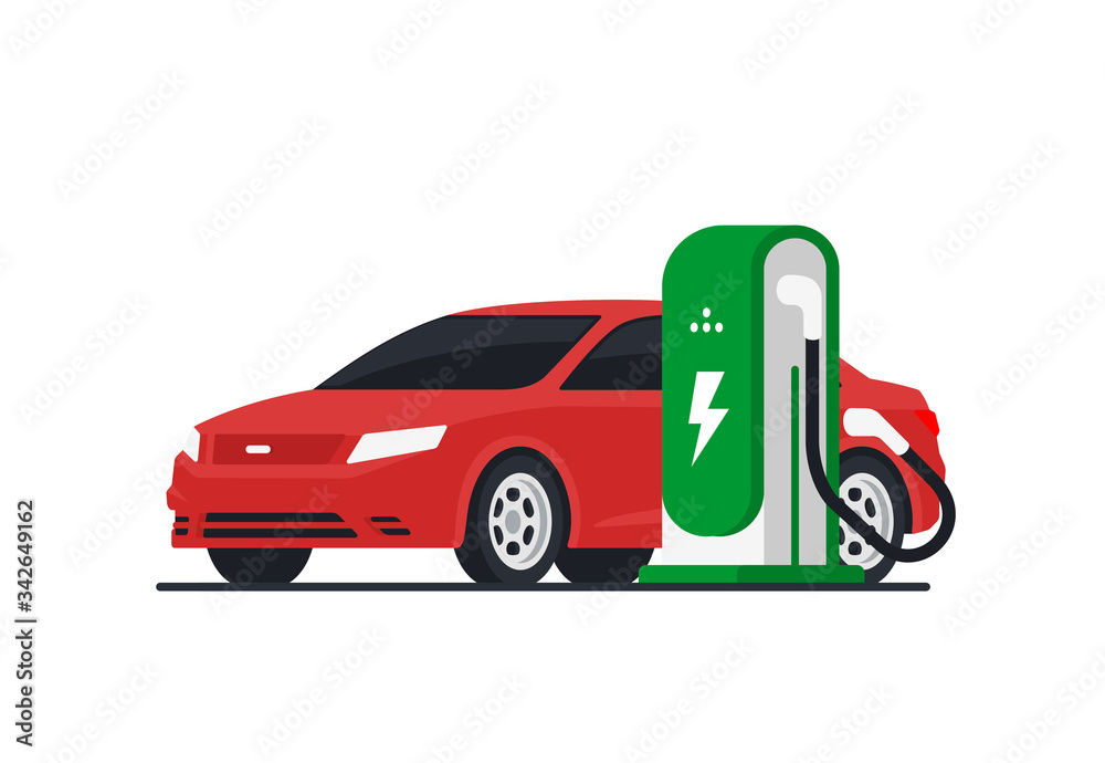 Wall mural electric car parking. charging station concept. vector illustration in flat style.