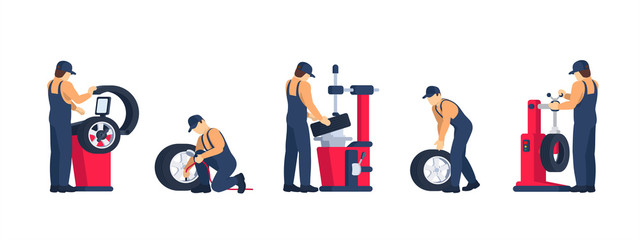 Tire service workers doing the work. Different types of auto services. Set car mechanic for concepts tyre service. Isolated vector illustration in flat / cartoon style.