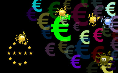 The letter E with the stars of the EU. European Union. Euro currency symbol. Simulated virus graphic. Impact of COVID-19 on the economy. 3d illustration. Randomly placed coins. Coronavirus outbreak. 