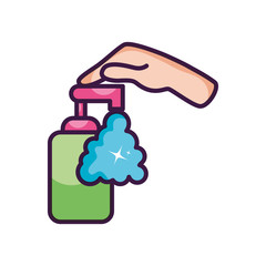 hand pushing a hand soap bottle dispenser icon, line color style