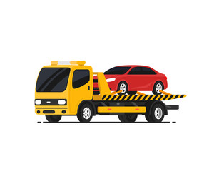 Fototapeta na wymiar Tow truck with broken car. Roadside assistance. Transportation faults. Emergency car. Isolated vector illustration on white background.