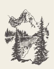 Obraz premium Two mountains spruce forest and lake vector sketch
