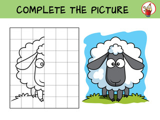 Complete the picture of a funny sheep. Copy the picture. Coloring book. Educational game for children. Cartoon vector illustration