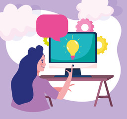 education online, teacher with computer on desk speech bubble