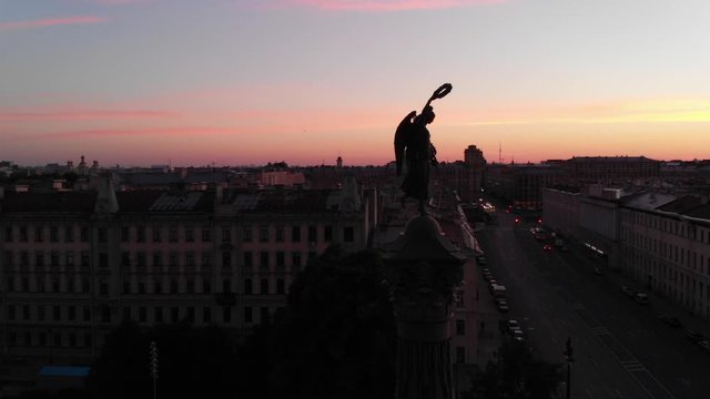 Aerial view around the Column of Glory and the Trinity Cathedral at sunrise, Saint Petersburg, Russia