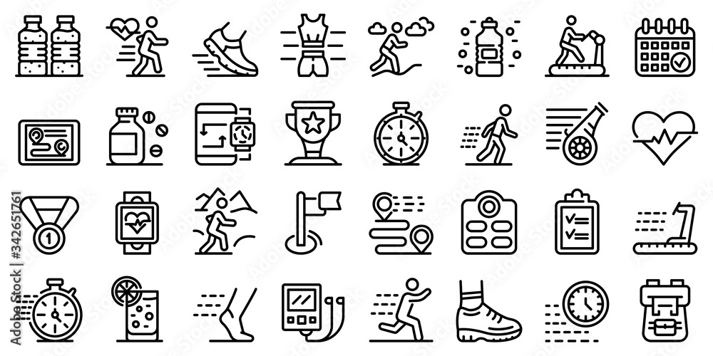 Poster running icons set. outline set of running vector icons for web design isolated on white background