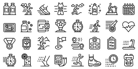 Running icons set. Outline set of running vector icons for web design isolated on white background