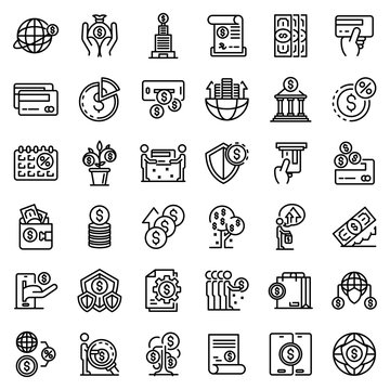 Credit union icons set. Outline set of credit union vector icons for web design isolated on white background