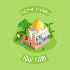 Eid al fitr mosque greeting card in isometric view