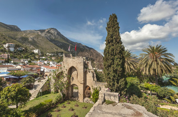 View from ruins of monastery Bellapais to the village in hills, Kyrenia (Girne), Cyprus