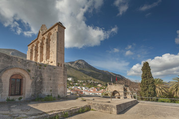 Fototapeta na wymiar View from ruins of monastery Bellapais to the village in hills, Kyrenia (Girne), Cyprus