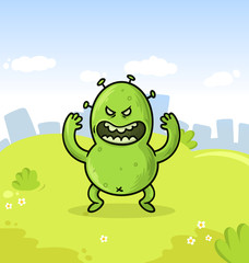 Funny green virus cartoon monster character on summer city background. Colorful flat vector illustration.