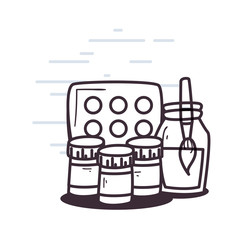 Paint palette jars and brush inside glass vector design