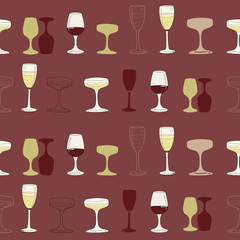 Vector red burgundy champagne and wine collection seamless pattern background. Suitable for backgrounds, home decor and hospitality use. Geometric modern repeat pattern tile.