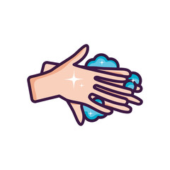 hands hygiene with soap foam, line color style