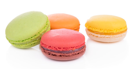 Sweet and colourful french macaroons on white background, Dessert.