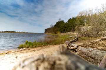 Fototapeta na wymiar River Gauja at the mouth of the sea on a sunny spring day.