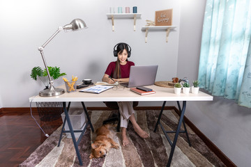 Pretty asian woman working remotely from home using laptop sitting on the couch or sofa in living...