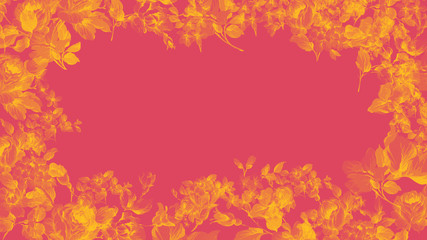 Marco de flores doradas sobre fondo rosa brillante