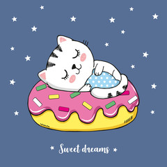 Vector illustration of cute hand drawn white cat sleeping inside pink donut and hugging polka dot pillow night sky with stars, lettering sweet dreams, cartoon card in kawaii anime style, good night