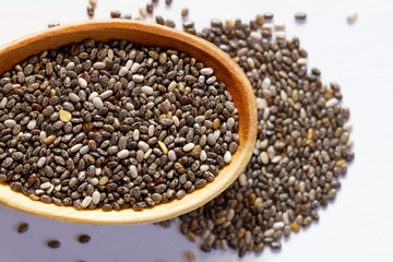 Black Chia seeds in a wooden spoon close-up. Macrophotography of Chia. Health food. Good nutrition. Nutritional Supplement.Top view.