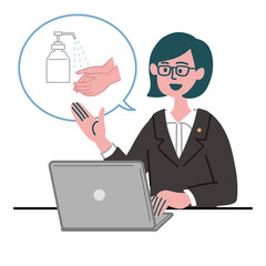 スーツ　女性　士業　メガネ  パソコン　アルコール消毒