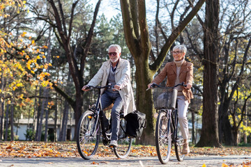 Mature fit couple ride in bicycles thru public park
