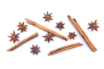 cinnamon and star anise on white background.