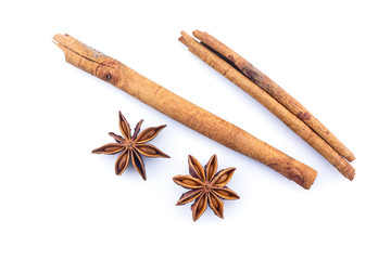 cinnamon and star anise on white background.