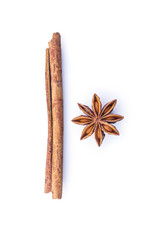 cinnamon and star anise on white background.