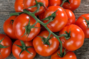 Mehrere große, saftige Rote Tomaten (lat.: Solanum lycopersicum) / Rispentomaten