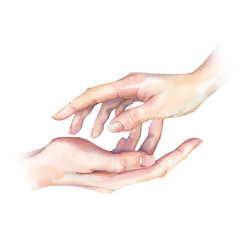 Contact artwork. Connecting people watercolor art. Hands touch painting. Love and family illustration