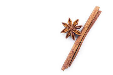 cinnamon and star anise on white background.